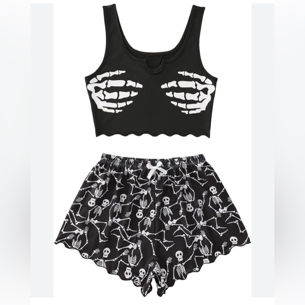 NEW - COZYEASE Cute Cartoon Print Pajama Set Lettuce Trim Top/Short Sleepwear